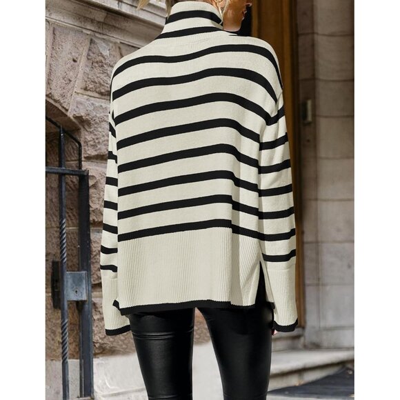Women's Winter Turtleneck Sweater Casual Stripe Long Sleeve Pull Over Top - Picture 3 of 8
